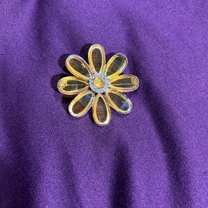 Yellow Enamel Flower Brooch Pin with Rhinestone Center.